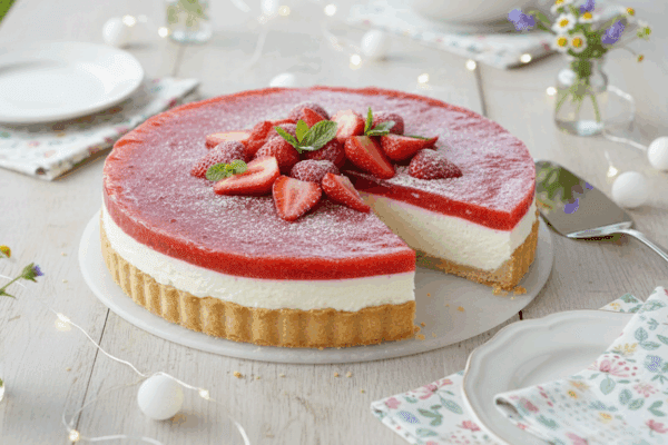 Nepečená torta s mascarpone a jahodovým želé na letnom prestieraní so svetielkami
